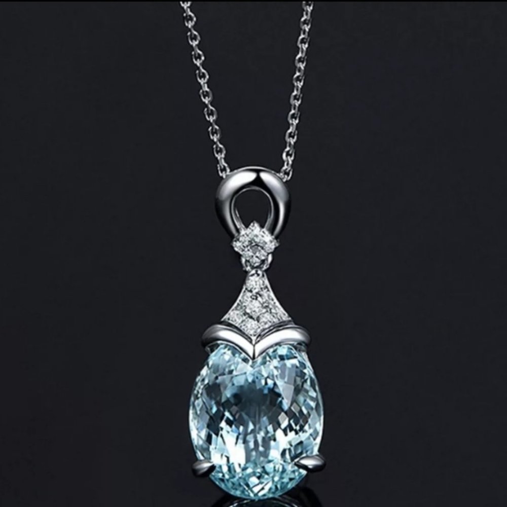 NEW Silver Blue Topaz Diamond Water Drop Necklace - Picture 1 of 8